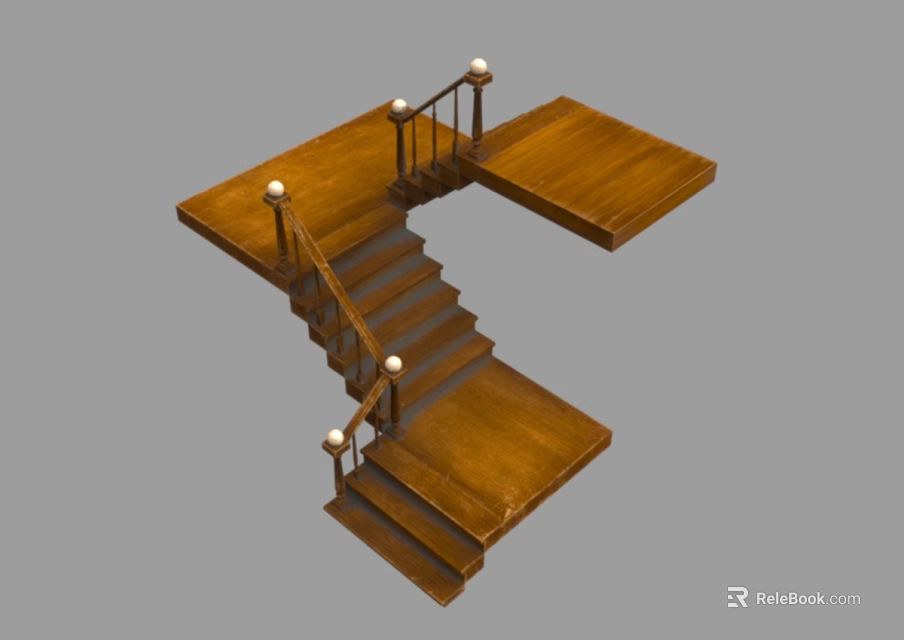 Elegant Wooden Staircase With Landing Platform And Ball Finial Railings Design Structure 3d model 