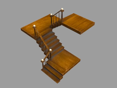 Elegant Wooden Staircase With Landing Platform And Ball Finial Railings Design Structure 3d model
