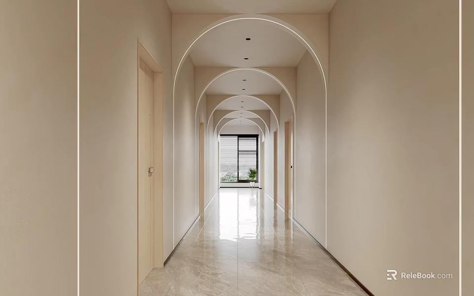 Modern Elevator Hallway With Arch Design Light-colored Walls Marble Floor And Natural Light 3d model