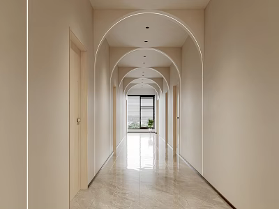 Modern Elevator Hallway With Arch Design Light-colored Walls Marble Floor And Natural Light 3d model