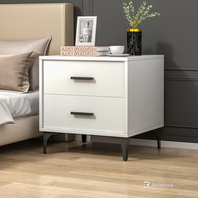 White Bedroom Nightstand With Two Drawers Black Metal Legs And Decorative Items 3d model 