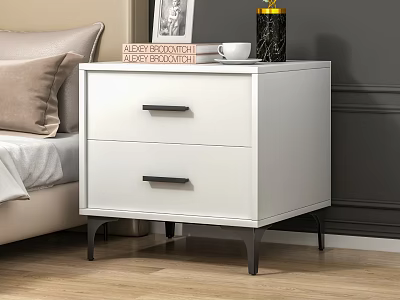 White Bedroom Nightstand With Two Drawers Black Metal Legs And Decorative Items 3d model