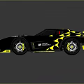 Black Racing Car With Yellow Geometric Patterns Rear Spoiler And Front Logo
