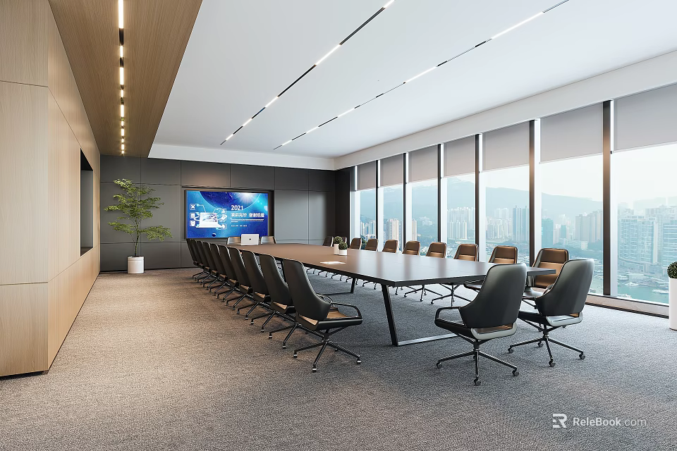 Modern Conference Room Interior With Long Meeting Table Black Chairs Large Screen And City View 3d model 