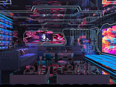 Neon Lit KTV Lounge Interior With Colorful LED Screens Comfortable Sofas And Drinks 3d model