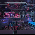 Neon Lit KTV Lounge Interior With Colorful LED Screens Comfortable Sofas And Drinks