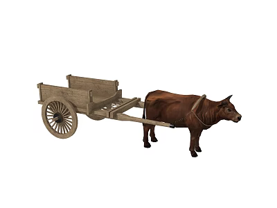 Vintage Brown Cow Pulling Wooden Cart With Spoked Wheels In Rural Scene 3d model