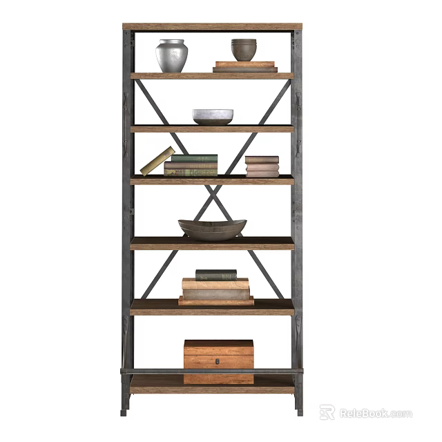 Industrial Bookcase with Metal Frame and Wooden Shelves Stacked Books Decorative Bowls and Storage Box 3d model 