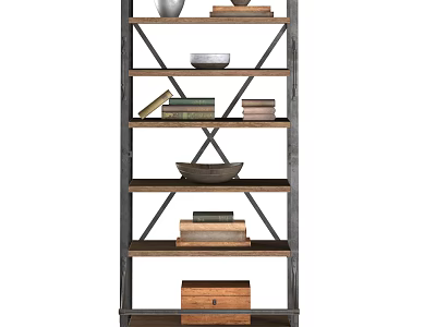 Industrial Bookcase with Metal Frame and Wooden Shelves Stacked Books Decorative Bowls and Storage Box 3d model