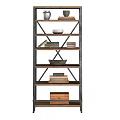 Industrial Bookcase with Metal Frame and Wooden Shelves Stacked Books Decorative Bowls and Storage Box