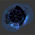 Ornate Circular Carousel Building With Blue Illuminated Lights Staircases And Decorative Top