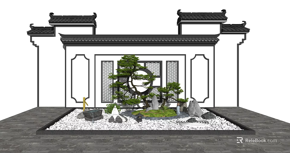 Traditional Chinese Dry Landscape Garden With Black-Tiled Roof White Walls Moon Gate And Pine Tree 3d model 