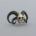 Detailed Animal Skull With Large Curved Black Horns On Gray Background