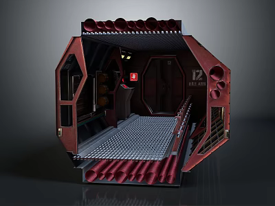 Red Octagonal Sci Fi Spaceship Chamber Interior With Metal Grid Floor And Pipes 3d model