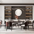 Modern Luxury Restaurant Interior With Dining Table Chairs Wine Cabinet Round Decorative Painting And Chandelier