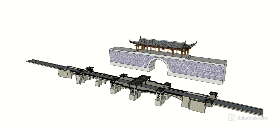 Chinese Traditional Bridge With Pagoda Style Roof And Stone Archway Structure 3d model 