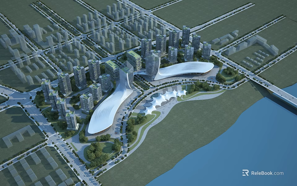 Aerial View Planning for Modern Urban City Development Featuring High Rise Buildings Green Spaces And Riverfront 3d model