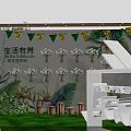 Garden Landscape Featuring Wooden Frame Colorful Flags White Tent on Green Lawn and Mountain Sky