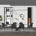 Modern Restaurant Interior With White Table Black Chairs "UNITE" Wall Art Pendant Lights And Plants