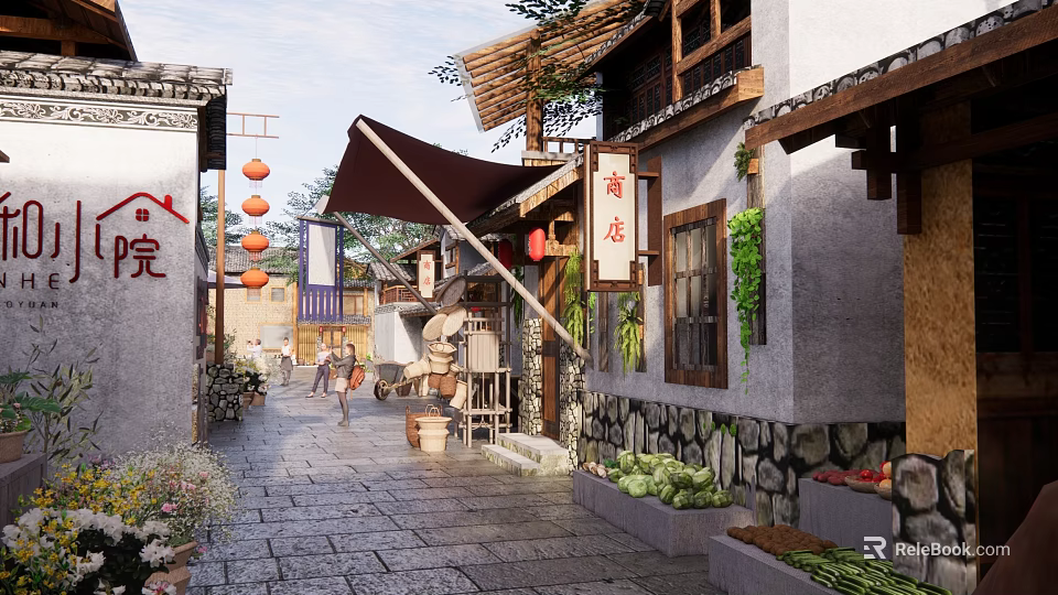 Traditional Chinese Homestay Architecture Featuring Stone Paved Alley Red Lanterns Shop Signs And Climbing Plants 3d model 