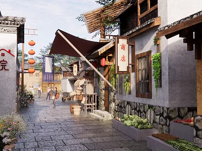 Traditional Chinese Homestay Architecture Featuring Stone Paved Alley Red Lanterns Shop Signs And Climbing Plants 3d model