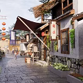 Traditional Chinese Homestay Architecture Featuring Stone Paved Alley Red Lanterns Shop Signs And Climbing Plants