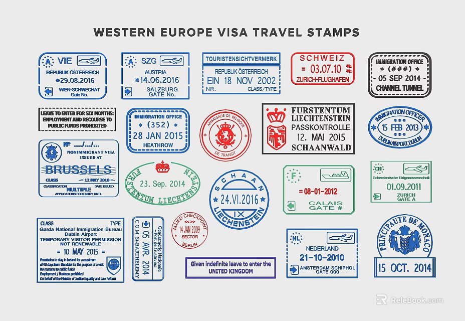Collection Of Western Europe Visa Travel Stamps 3d model 