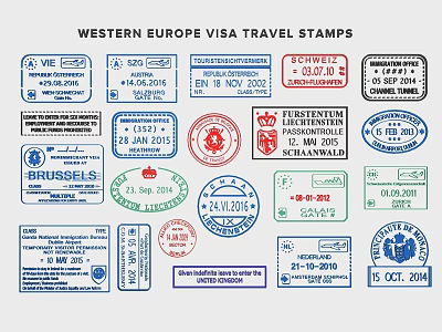 Collection Of Western Europe Visa Travel Stamps 3d model