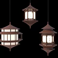 Three Hanging Traditional Lantern Chandeliers With Wooden Frame White Lampshade And Classic Design