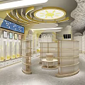Modern Light Luxury Retail Store Interior With Yellow White Decor Display Shelves And Counter