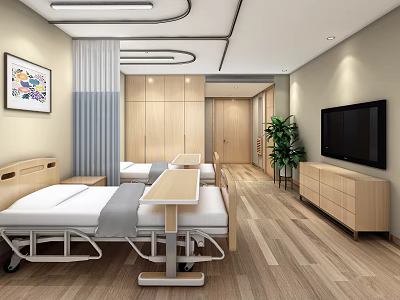 Hospital Outpatient Clinic Featuring Two Beds Mobile Dining Tables Wooden Cabinets TV Plant and Painting 3d model