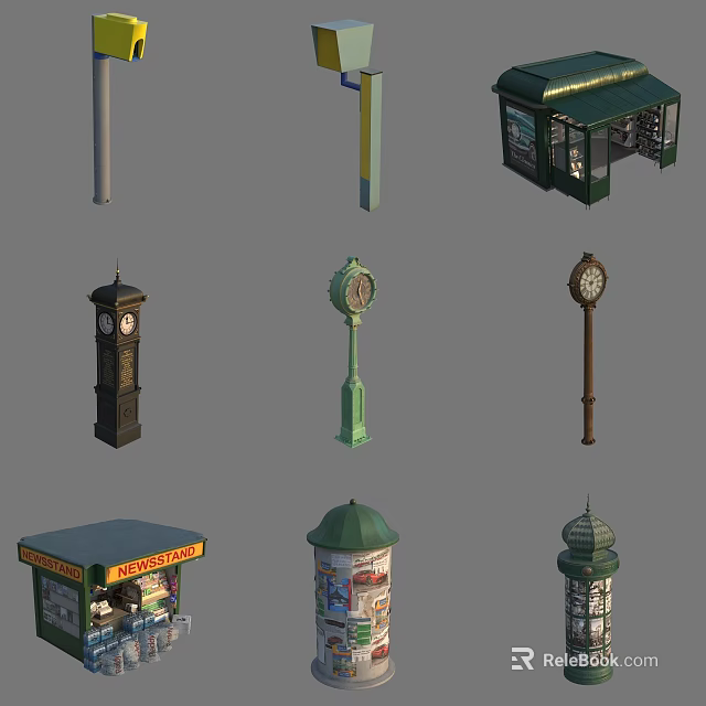 Various Garden Ornaments Including Lamp Posts Clock Pillars And Kiosk Structures With Colorful Designs 3d model 