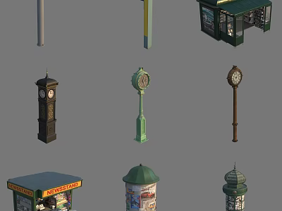Various Garden Ornaments Including Lamp Posts Clock Pillars And Kiosk Structures With Colorful Designs 3d model
