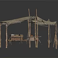 Traditional Rustic Tent Structure With Canvas Cover Wooden Poles Bench And Crates