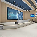 Modern Large Conference Room With Neatly Arranged Blue Gray Seats And Front Large Screen