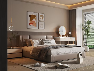 Modern Bedroom Interior With Large Bed Decorative Paintings Nightstands And Mirror Rug 3d model