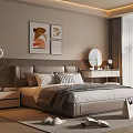 Modern Bedroom Interior With Large Bed Decorative Paintings Nightstands And Mirror Rug