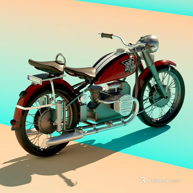 Vintage Red And Black Motorcycle With Black Seat Silver Engine Headlight And Exhaust 3d model 
