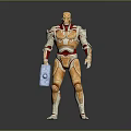 Orange Red Armored Humanoid Character Standing With Blue Device In Hand