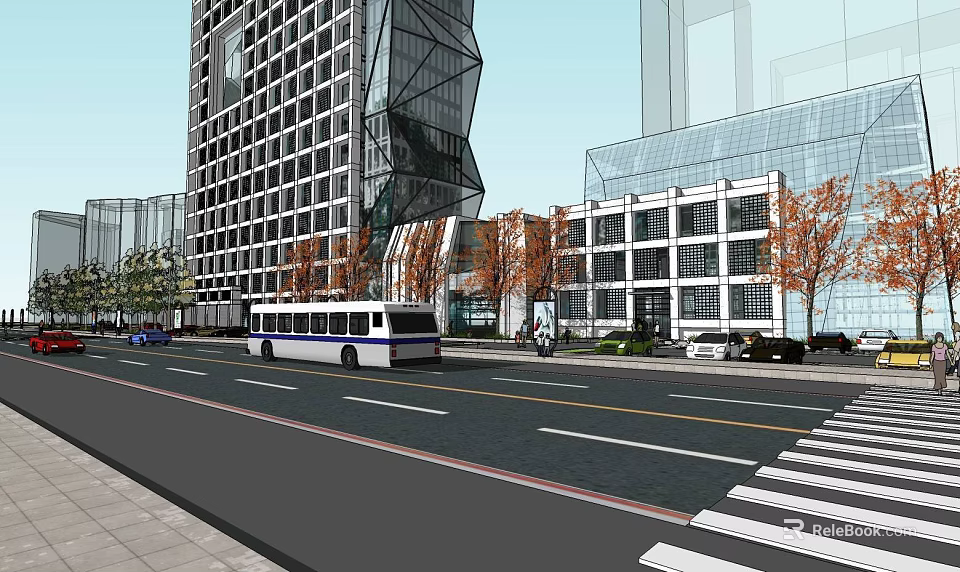 Modern Commercial Street With Tall Buildings Vehicles Pedestrians And Trees 3d model 