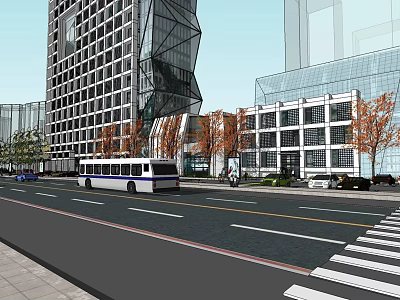 Modern Commercial Street With Tall Buildings Vehicles Pedestrians And Trees 3d model