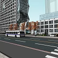 Modern Commercial Street With Tall Buildings Vehicles Pedestrians And Trees