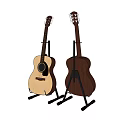 Two Acoustic Guitars With White And Brown Bodies On Black Stands Against White Background