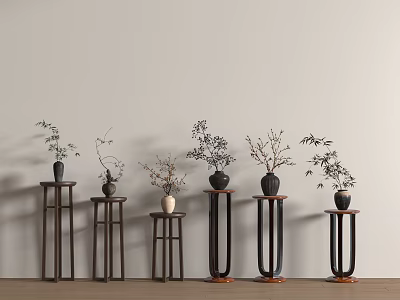 Stylish Wooden and Metal Plant Stands with Potted Plants Against Light Wall and Wooden Floor 3d model