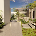 Modern Courtyard Garden Design With Lush Plants Stone Pathway And Steps
