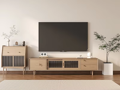 Modern Light Wood TV Stand With Drawers Glass Doors Large Screen TV And Green Plant 3d model