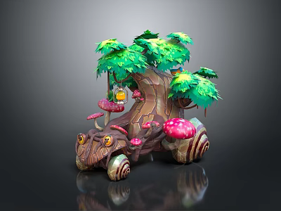 Tree Stump Plant Ornament with Green Leaves Red Mushrooms Small Lantern and Snail Shell Base 3d model