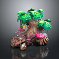 Tree Stump Plant Ornament with Green Leaves Red Mushrooms Small Lantern and Snail Shell Base