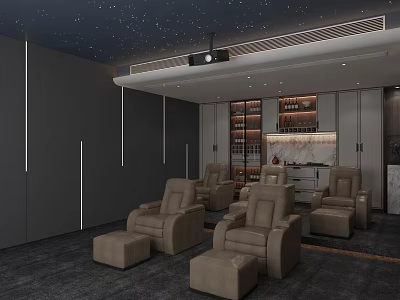Modern Home Theater Interior With Starry Ceiling Projector Brown Leather Sofas And Light Strips 3d model