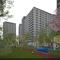 Modern High Rise Residential Building With Green Surroundings Trees Lawns And Children's Playground